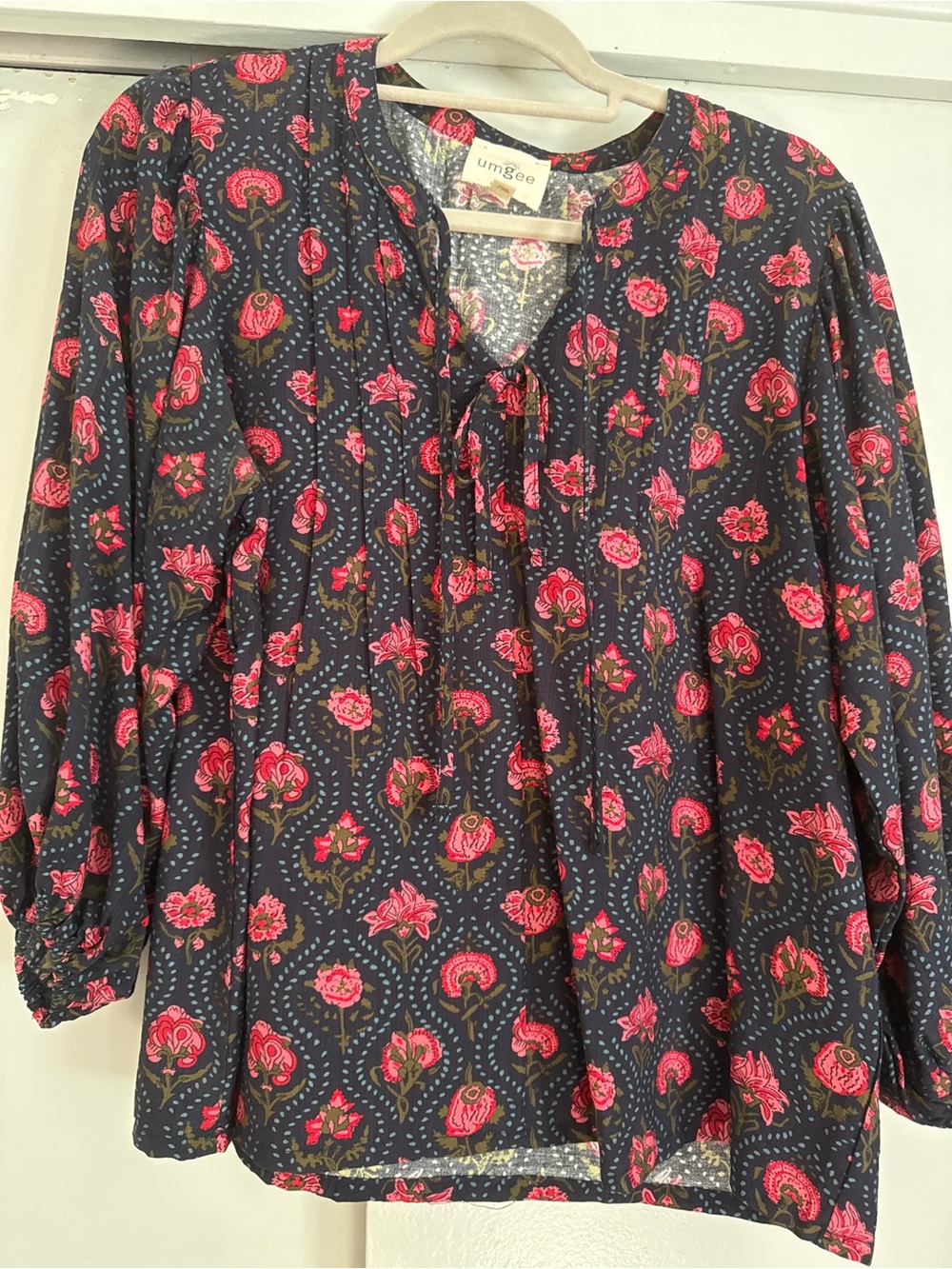 Umgee Navy Floral Tie-Neck Peasant Top